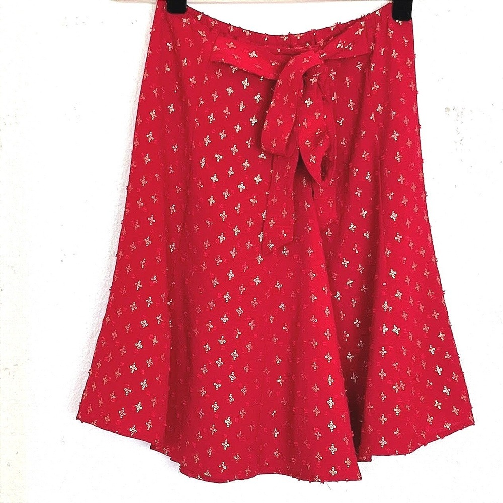 🍎 Vintage 90s Red Gold Metallic Textured Bow Skirt - Coquette Aesthetic 🍎
